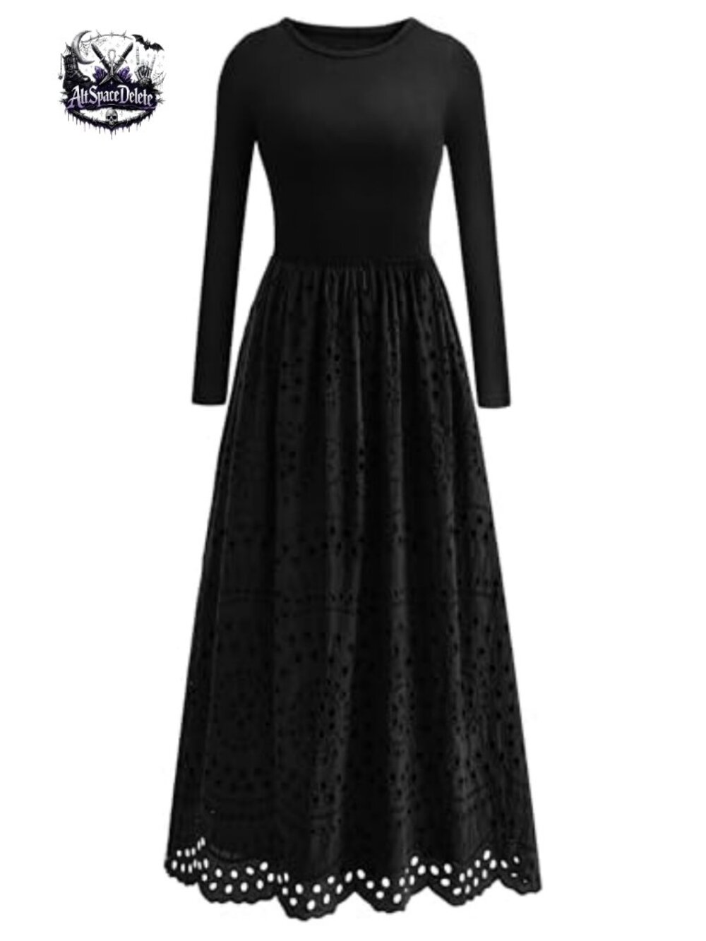 Women's Long Sleeve A-Line Eyelet Cotton Maxi Dress with Pockets